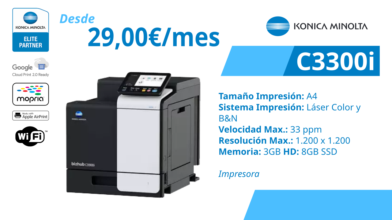 Impresora Konica Minolta C3300i láser color A4 con Wi-Fi